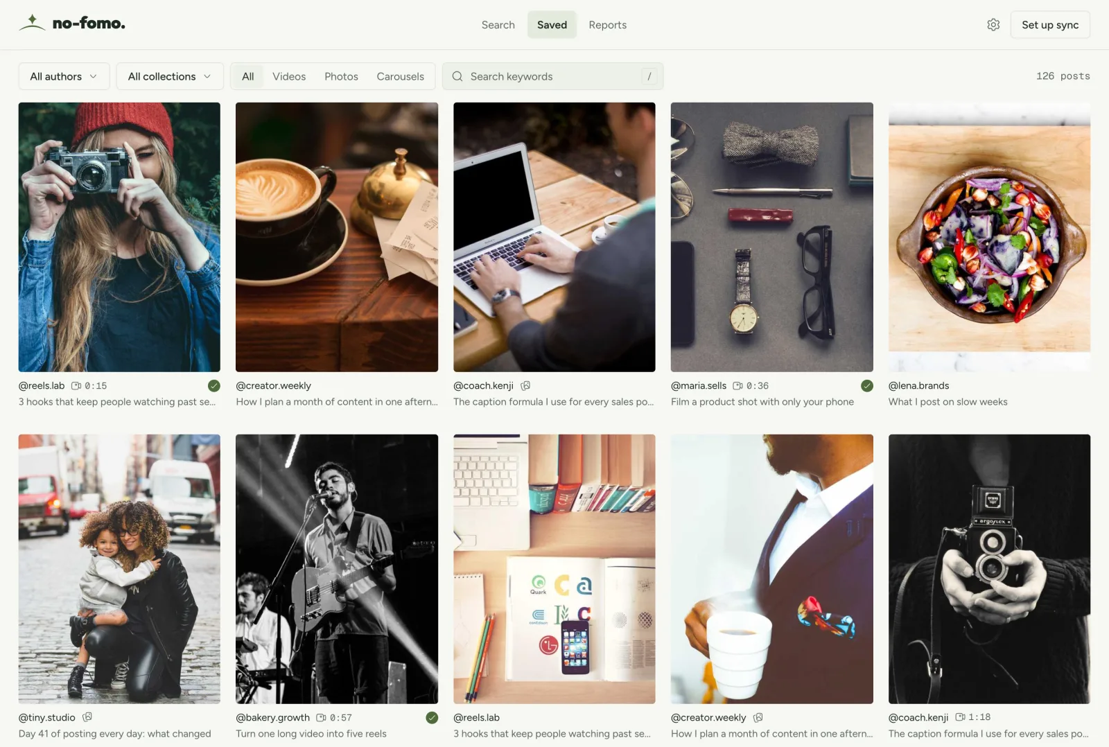 The no-fomo social library: a grid of saved reels with filters by author, collection and type.