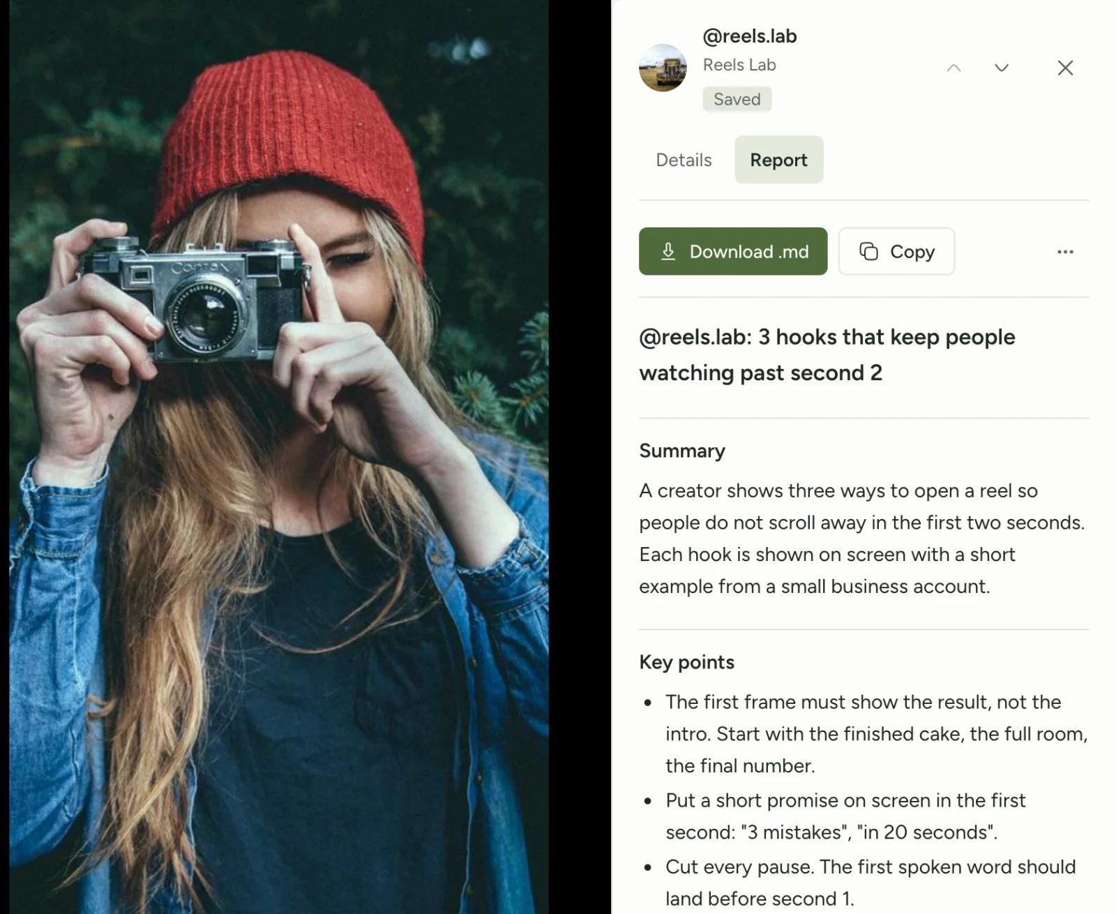 A reel open in no-fomo social with its report: summary, key points and steps.
